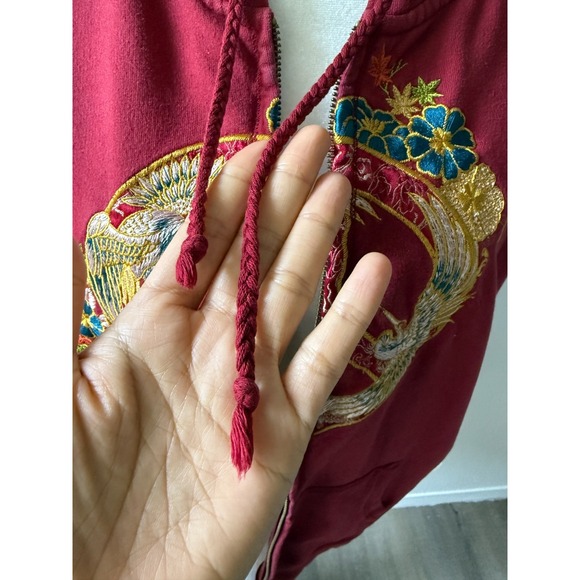 Lucky Brand Embroidered Zip Hoodie Asian Art Bird Floral Graphic Red Size XL - Picture 6 of 16